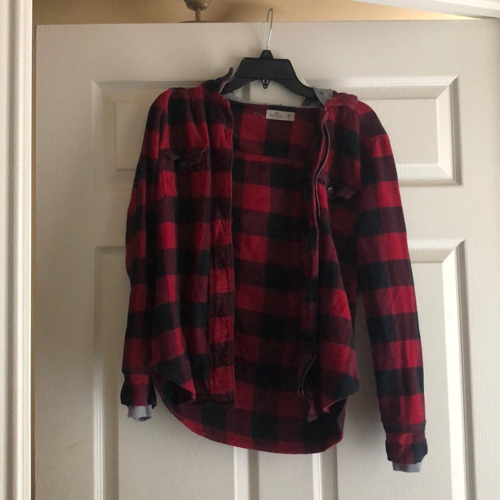 Plaid with grey hood hollister jacket